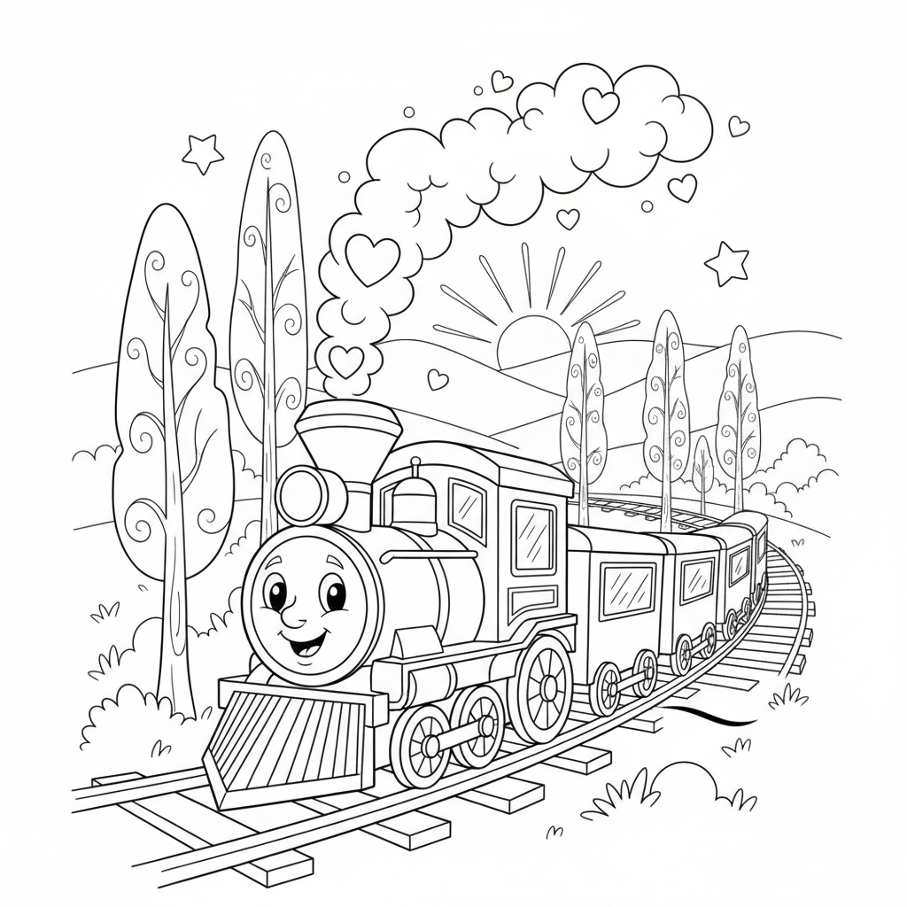 A cheerful train chugging along a track with tall trees and rolling hills in the background.