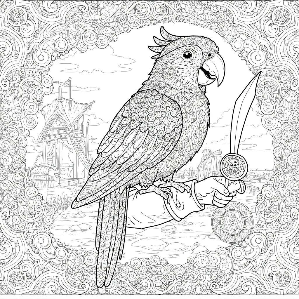 A friendly parrot perched on a pirate's shoulder, squawking happily.