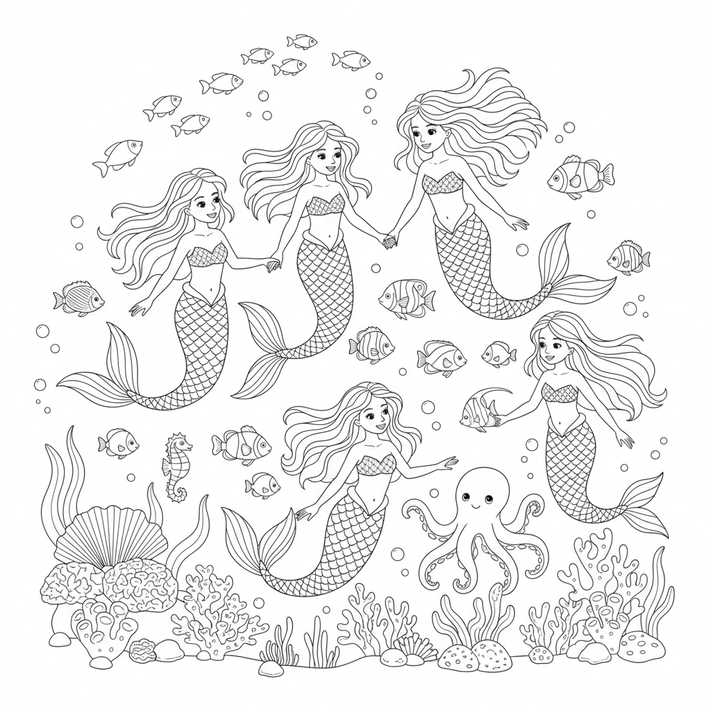 A group of mermaids swimming together, playing with colorful fish in a coral reef.