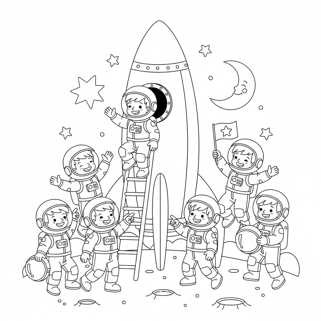 A group of excited children in astronaut suits preparing to board a rocket.