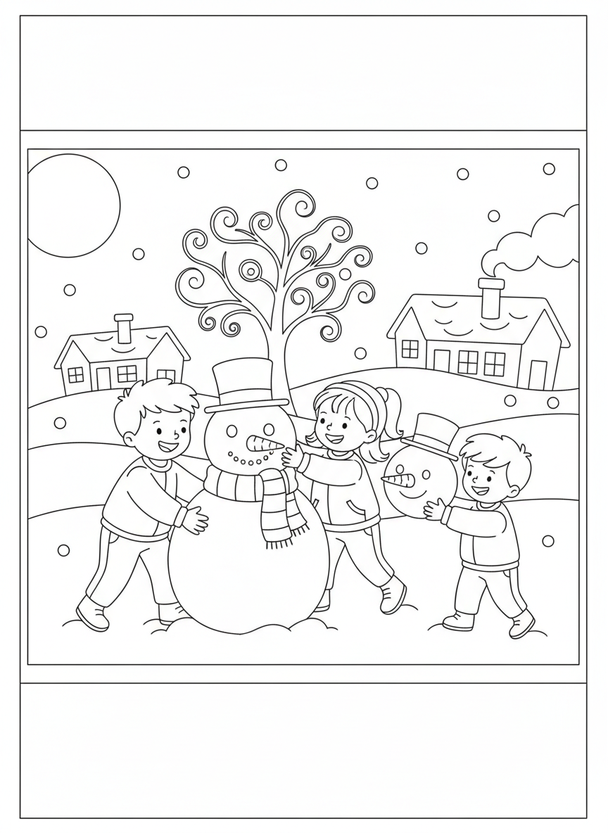 Y un muñeco de nieve siendo fabricado por niños