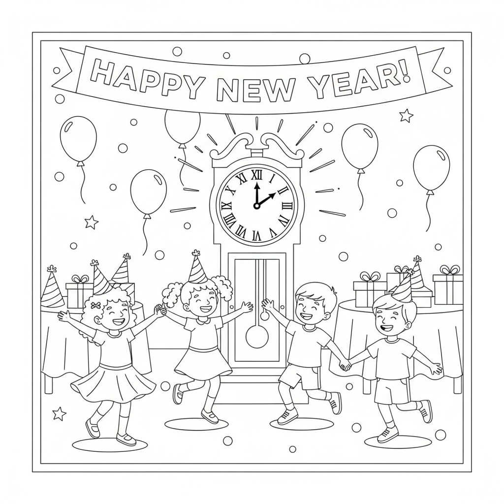 A lively party scene with children dancing around a giant clock striking midnight.