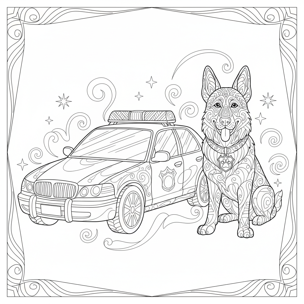 A police car with flashing lights parked next to a friendly police dog wearing a badge.