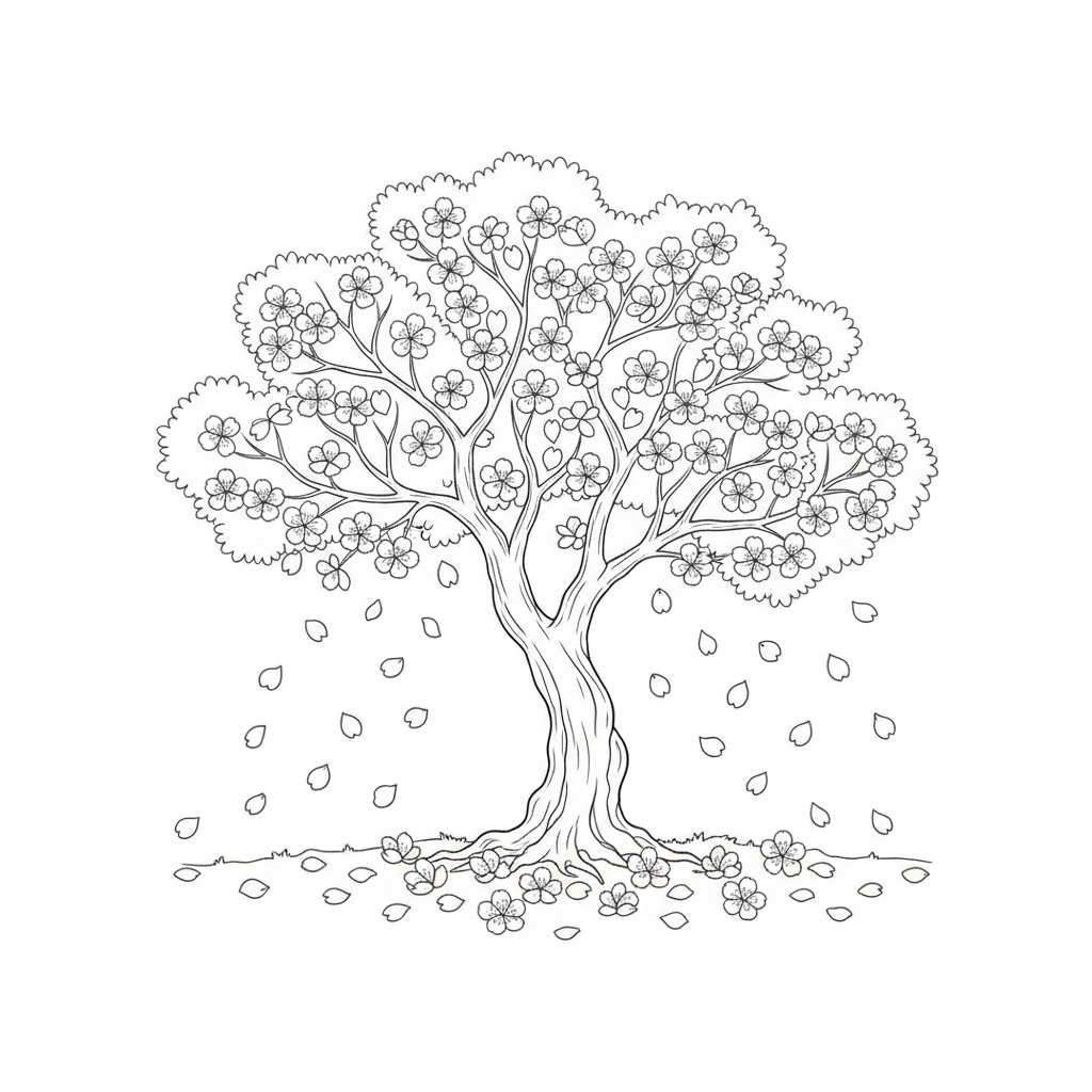 A cherry blossom tree with delicate flowers gently falling to the ground.