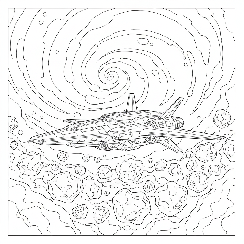 A majestic starship navigating through asteroid fields with a bright nebula in the distance.