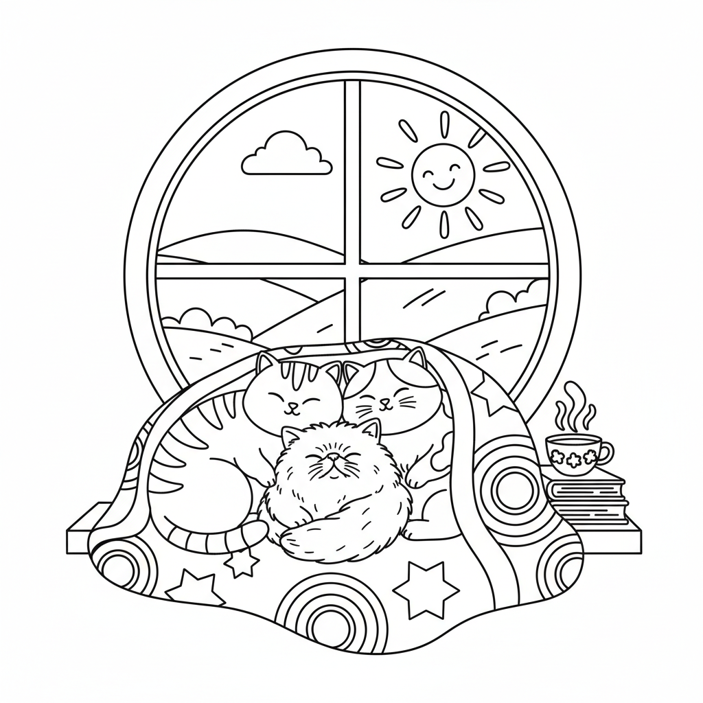 Cats sharing a cozy blanket by a window