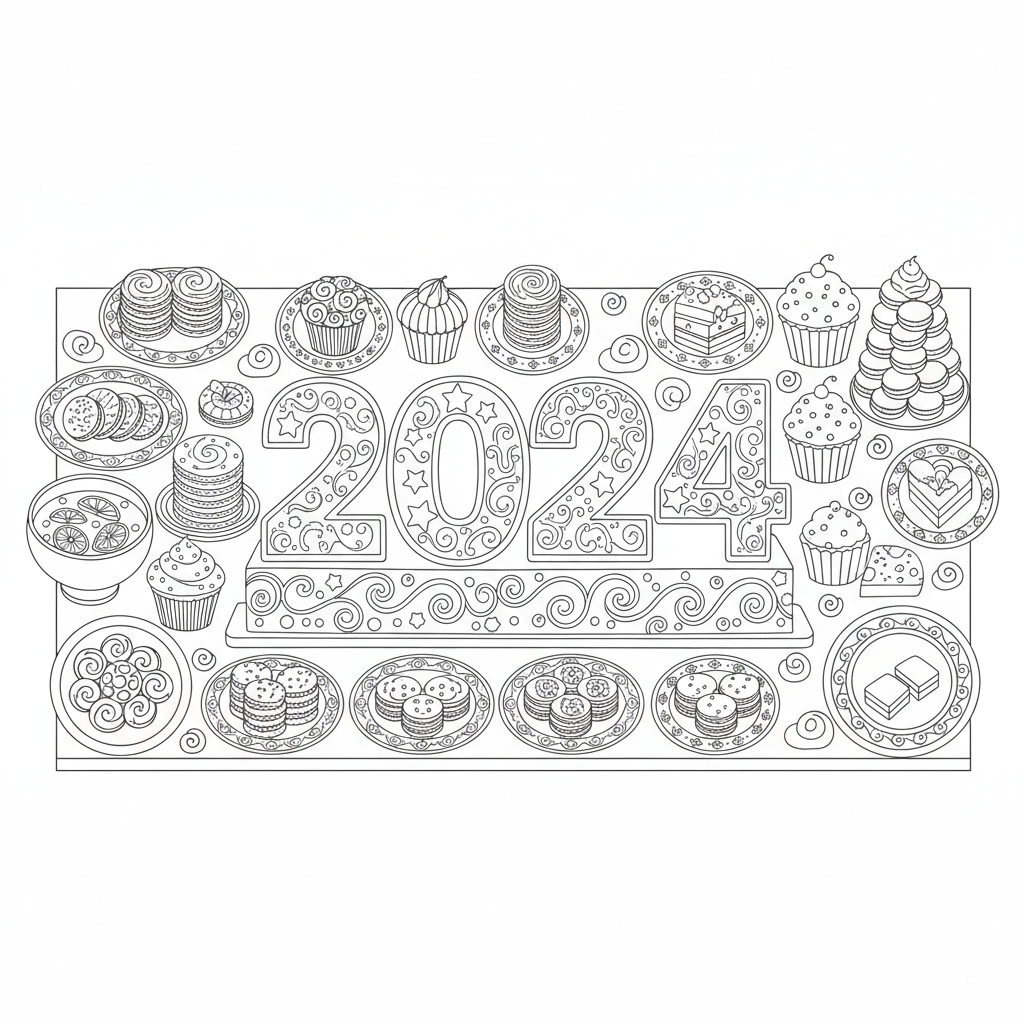 A table filled with delicious treats and a big cake shaped like a number representing the New Year.