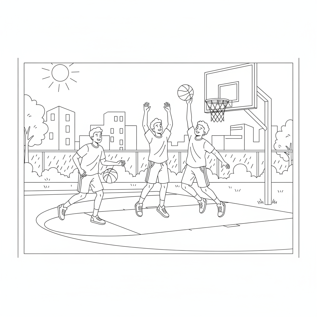 A group of friends playing a game of basketball on an outdoor court.