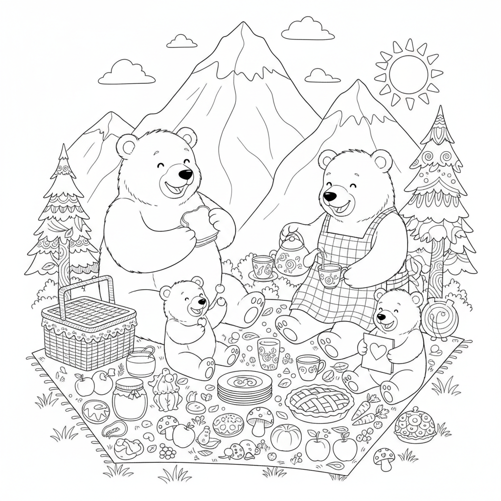A cheerful family of bears having a picnic at the base of a tall mountain.