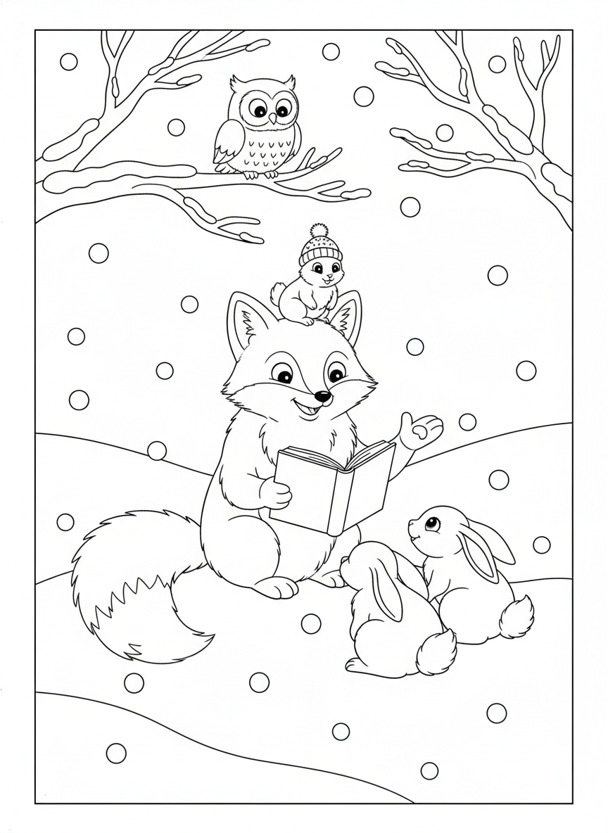 A group of friendly winter animals, like rabbits and foxes, sharing stories in the snow.