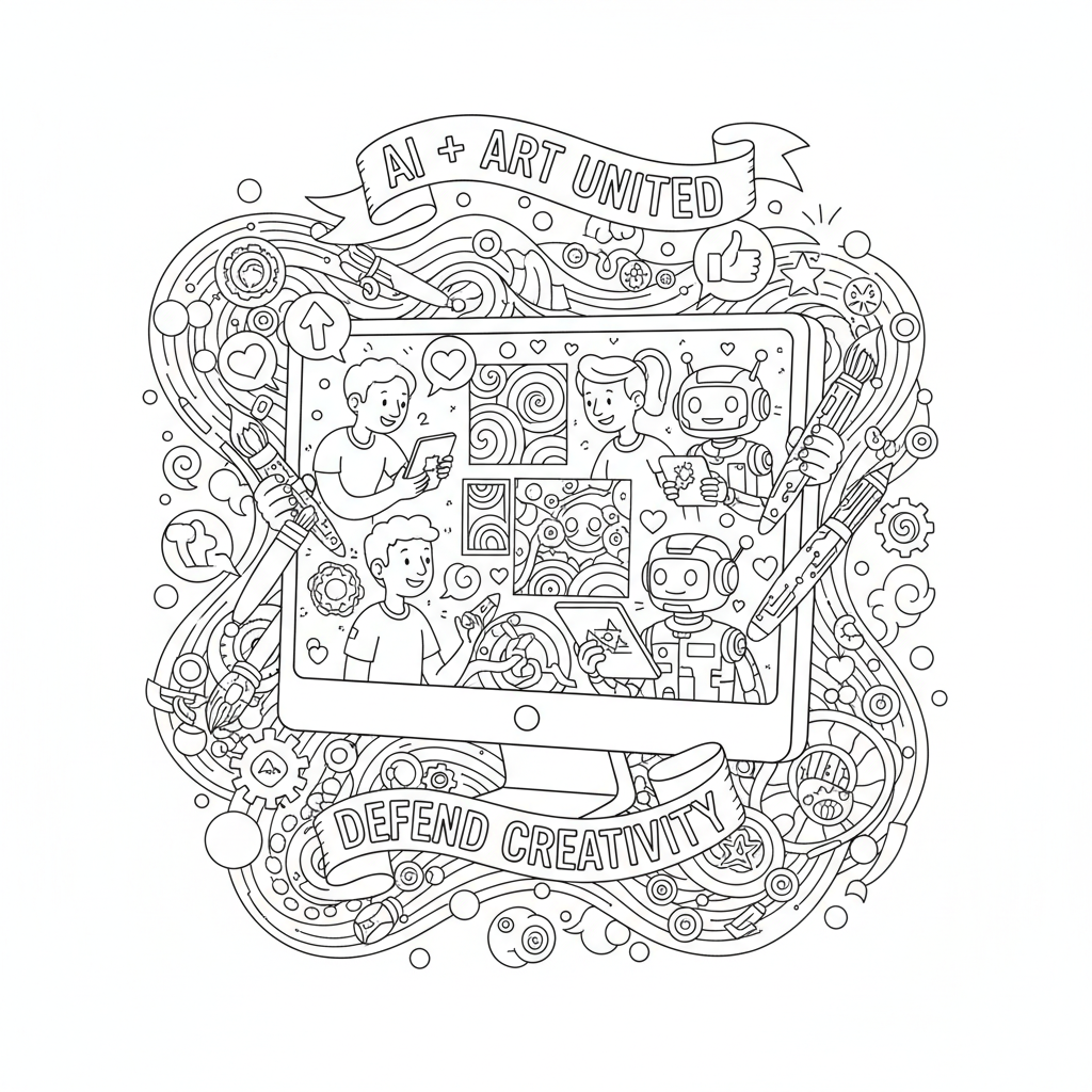 Create a playful black-and-white coloring page illustration that represents a vibrant, supportive online community for AI art enthusiasts. Include elements like: a stylized computer screen or web page interface with cheerful characters sharing AI artwork, paintbrushes and digital art tools interconnected with friendly friendly robots and humans collaborating, dialogue bubbles with positive icons (hearts, thumbs up), abstract generative art patterns flowing around, and welcoming banners like “Defend Creativity” and “AI + Art United.” The style should be clean and clear outlines suitable for kids and adults to color, with balanced composition that celebrates creativity, technology, and community.