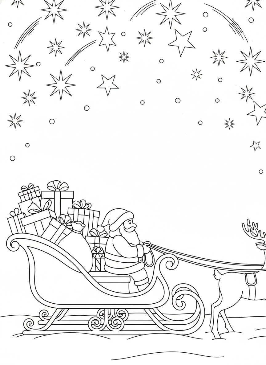 Santa's sleigh loaded with presents, parked under a sparkling starry sky.