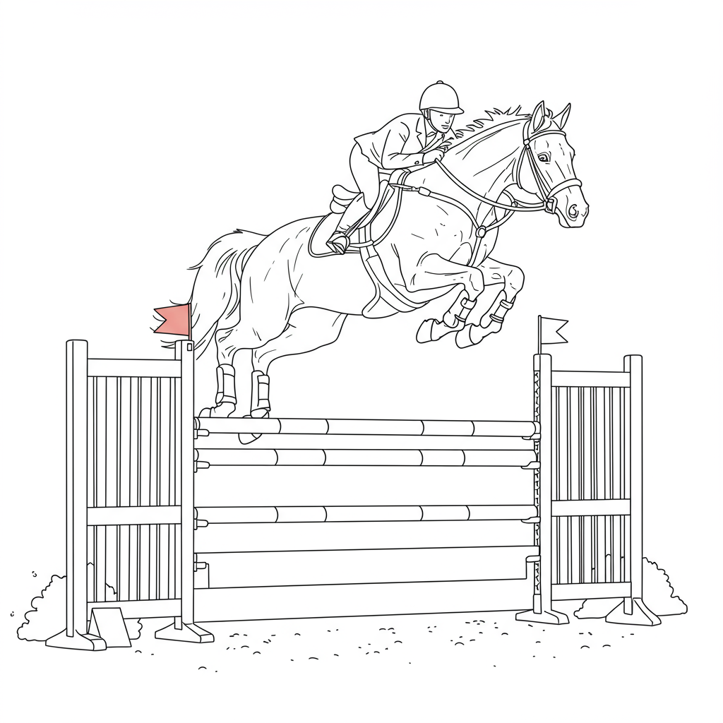 A horse jumping over a colorful fence in an exciting show jumping competition.