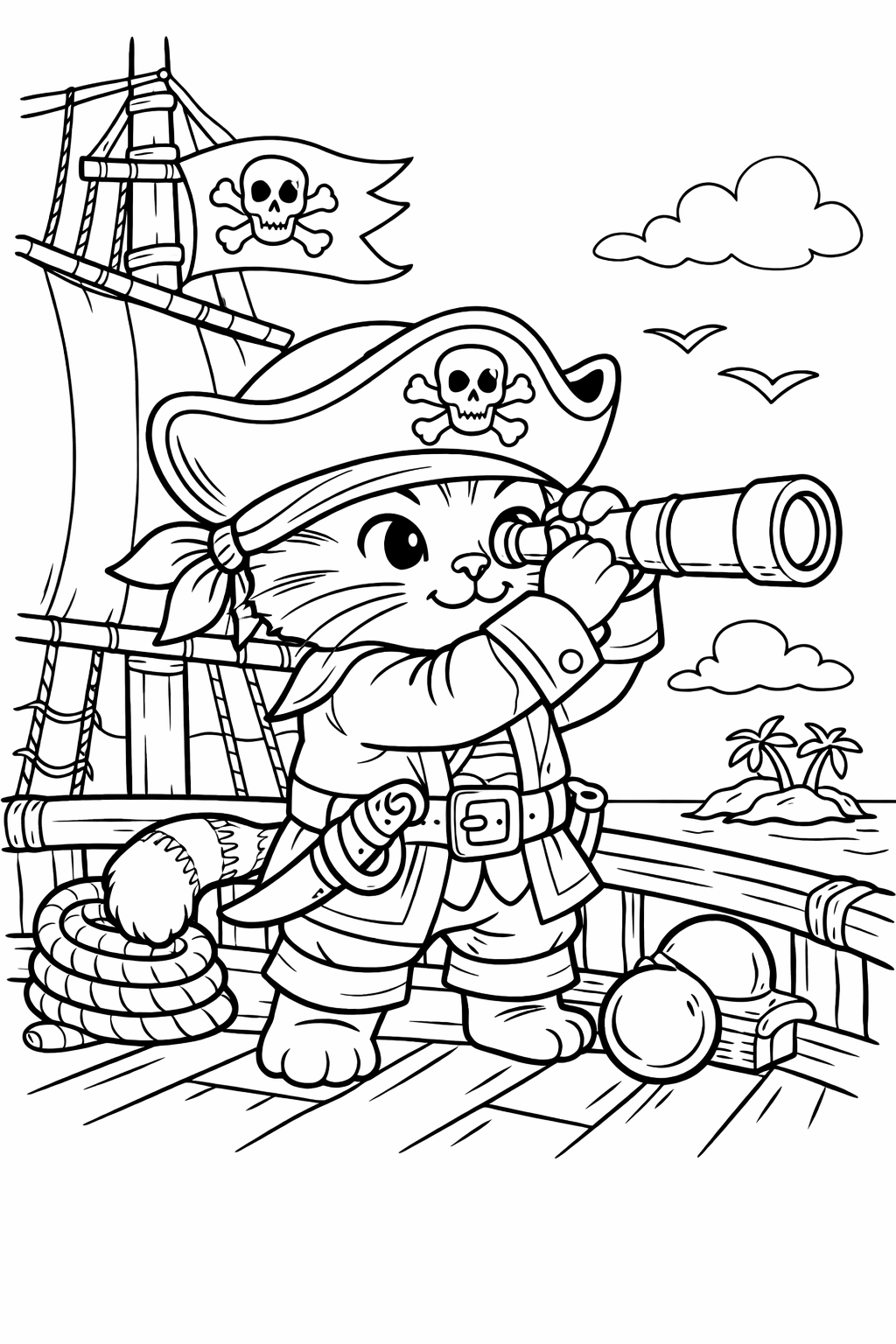 a cat in a pirate outfit, looking through a telescope on a ship