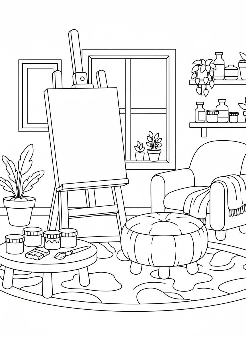 An artist's studio with an easel, paint jars, and a comfy stool