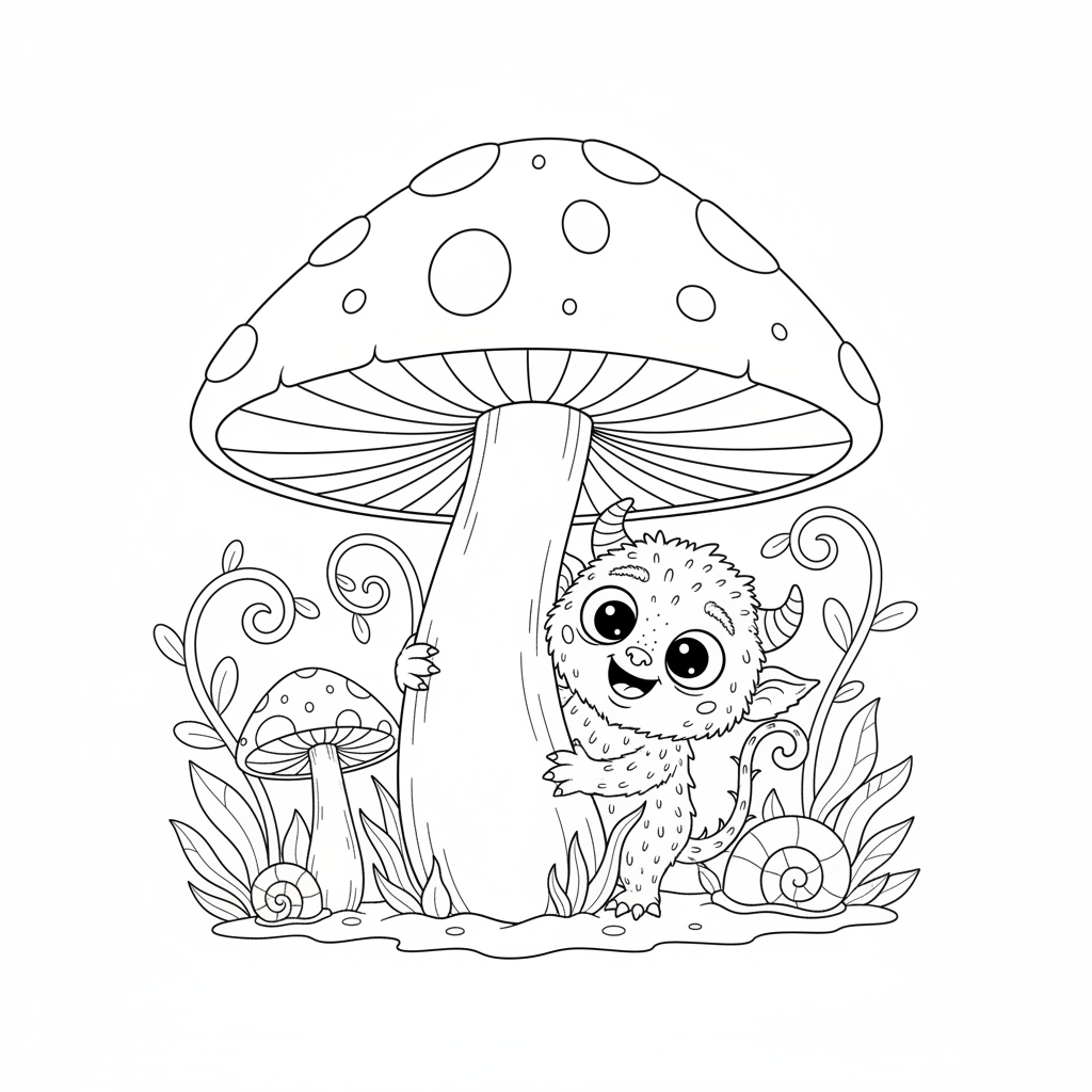 A tiny monster peeking out from behind a giant mushroom with a curious expression.
