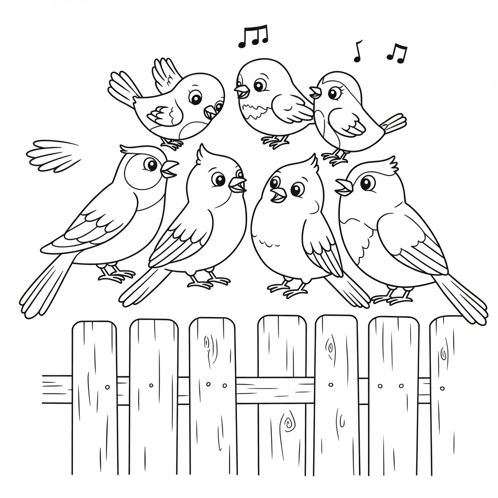 A group of colorful songbirds singing happily on a fence.