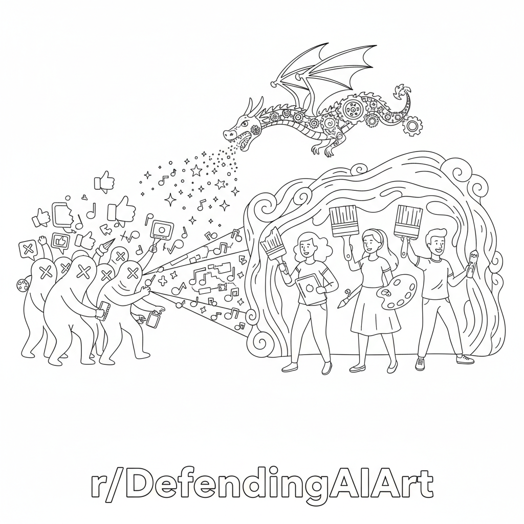 A black-and-white coloring page showing an epic scene of artists defending creativity against shadowy haters. At the bottom, include the text “r/DefendingAIArt” in large hollow outline letters that can be colored. Clean outlines only, no shading.