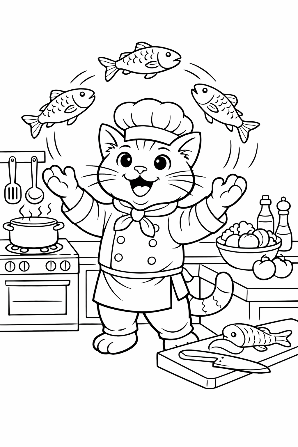 a cat dressed as a chef, juggling fish in a kitchen