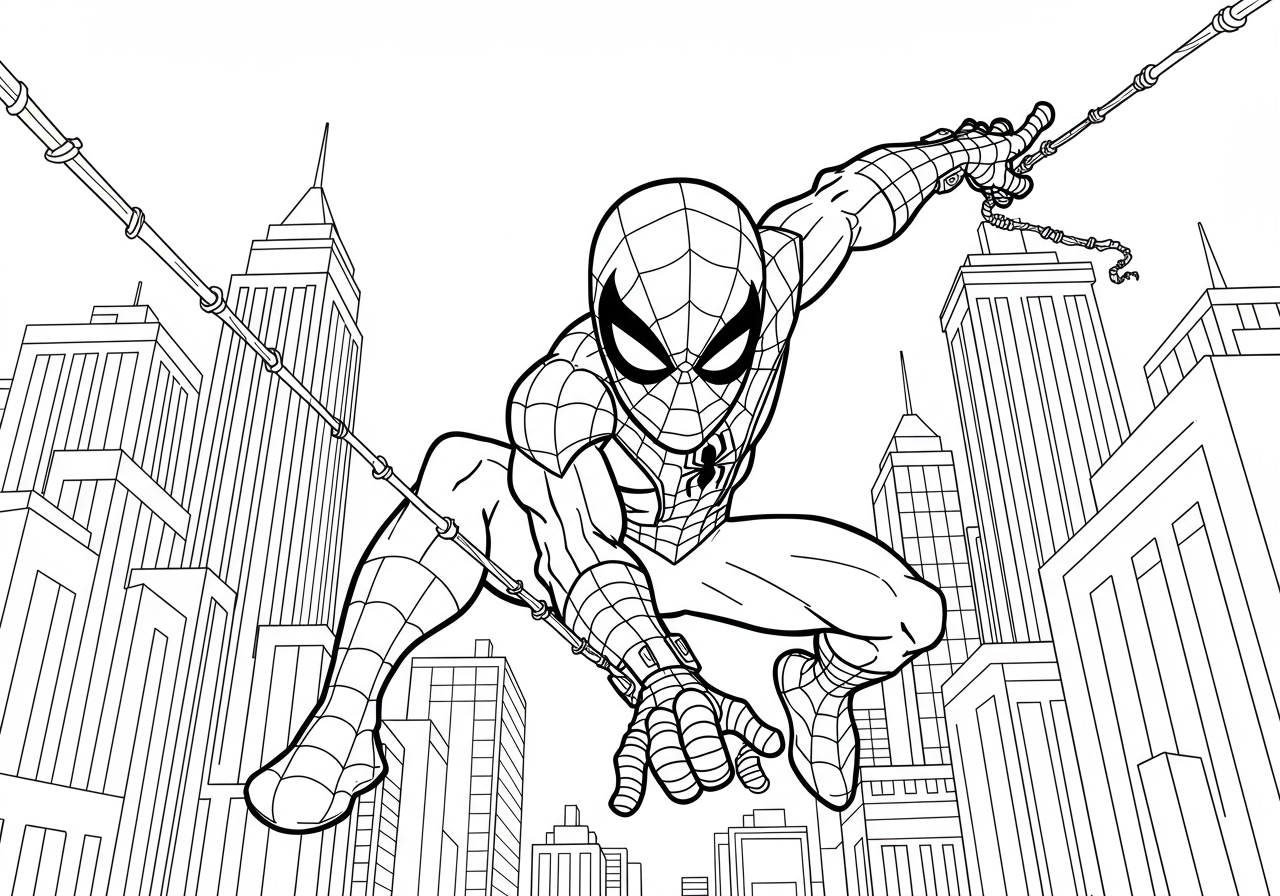 Spiderman swinging between tall skyscrapers with a web trailing behind him.